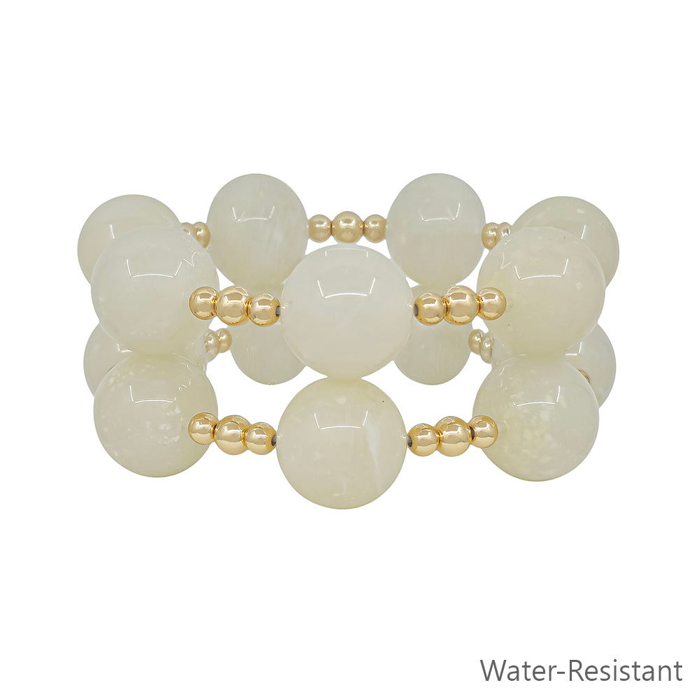 Water Resistant Set of 2 20MM White Beaded Stretch Bracelets