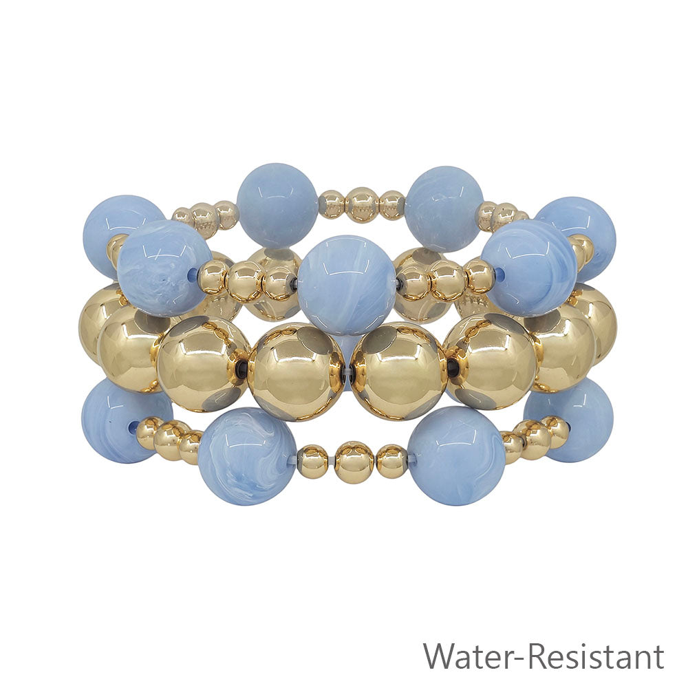 Water Resistant Set of 3 Blue 14MM Beaded and Gold Beaded Stretch Bracelets