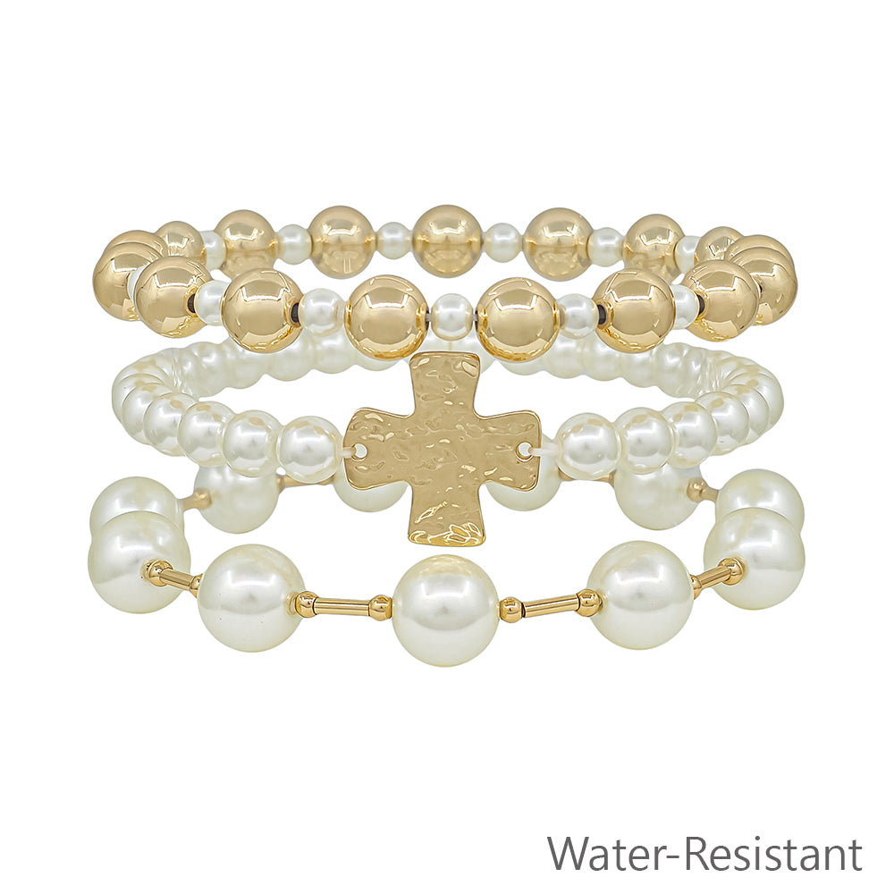 Water Resistant Set of 3 10MM Gold and Pearl Stretch Bracelets with Cross
