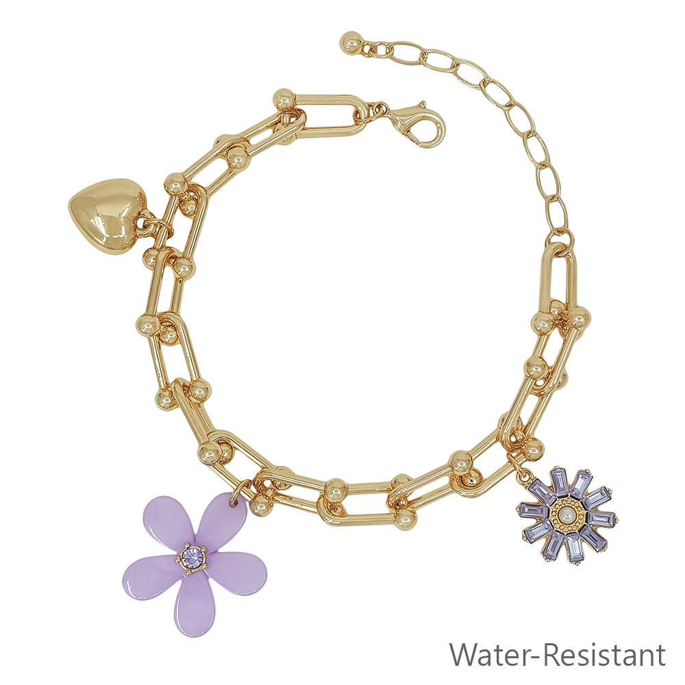 Water Resistant Gold Chain with Lavender Resin Flower, Rhinestone, and Heart Charm Bracelet