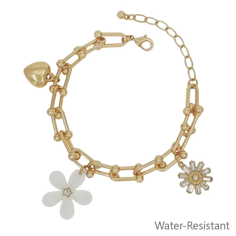 Water Resistant Gold Chain with White Resin Flower, Rhinestone, and Heart Charm Bracelet