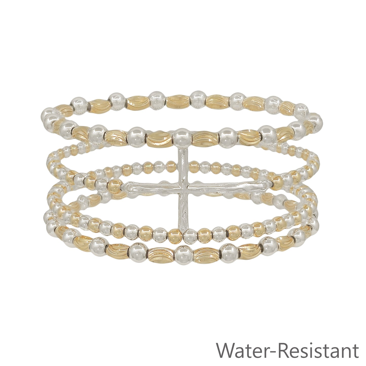Water Resistant Set of 4 Gold and Silver Cross and 4MM Beaded Stretch Bracelets