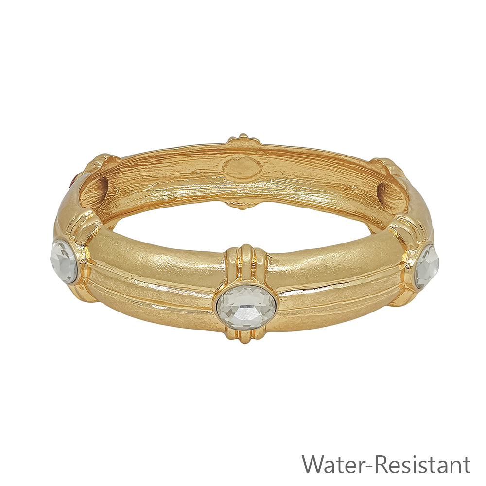 Water Resistant Gold Hammered Elegant 16MM Wide with Clear Crystal Accents Bangle