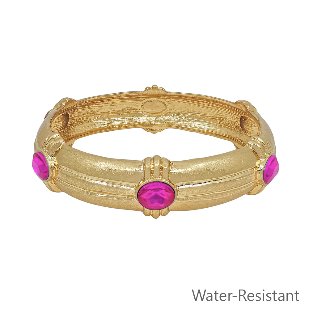 Water Resistant Gold Hammered Elegant 16MM Wide with Hot Pink Crystal Accents Bangle