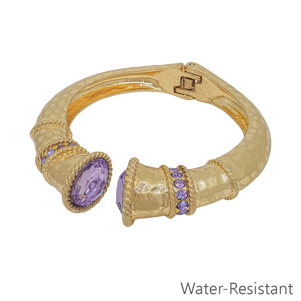 Water Resistant Worn Gold Classy Hinged Bracelet with Purple Crystal Accents