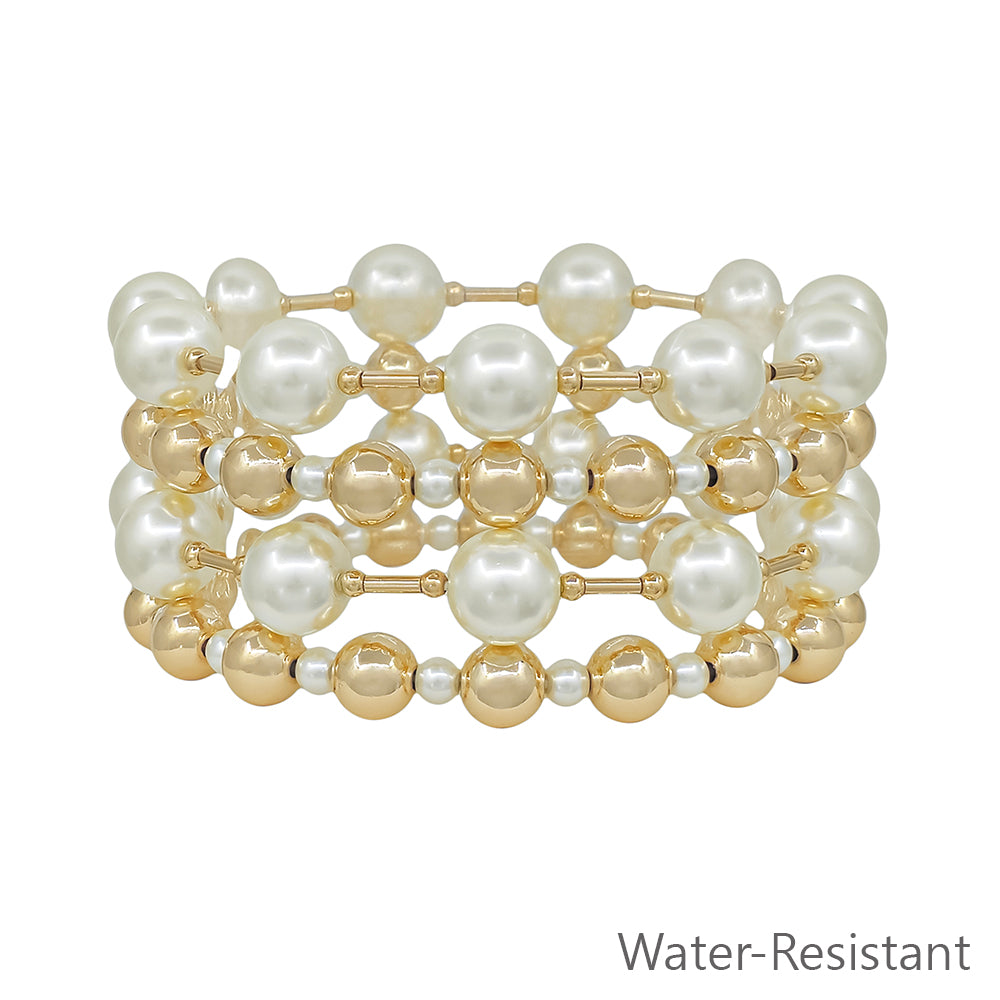 Water Resistant Gold Beaded and Pearl 10MM Set of 4 Stretch Bracelets