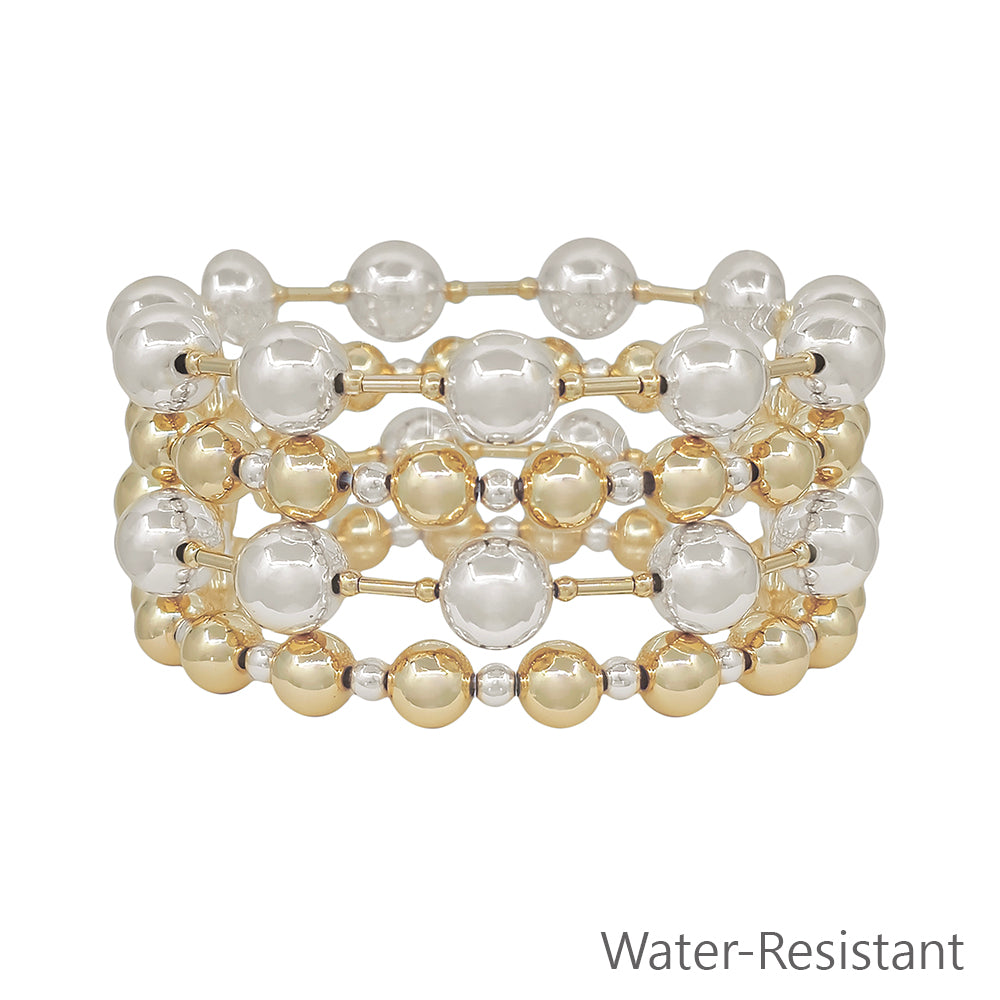 Water Resistant Gold and Silver Beaded 10MM Set of 4 Stretch Bracelets
