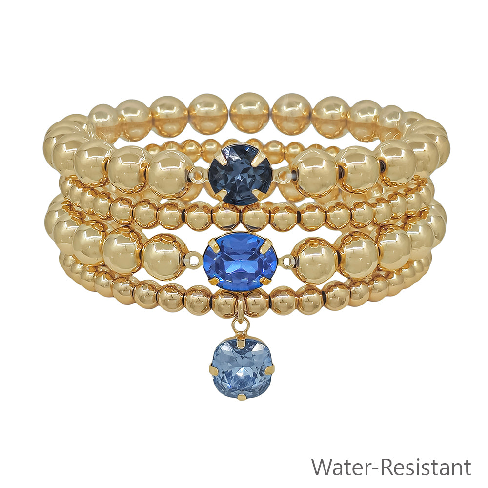 Water Resistant Gold Beaded with Navy Crystal Accents Set of 4 Stretch Bracelets