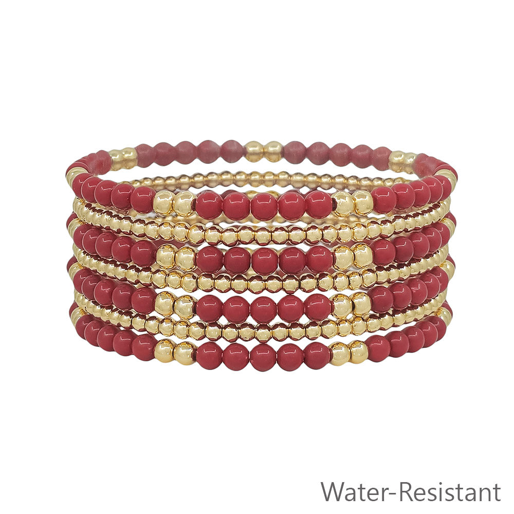 Maroon and Gold Beaded Set of 7 Stretch Bracelets