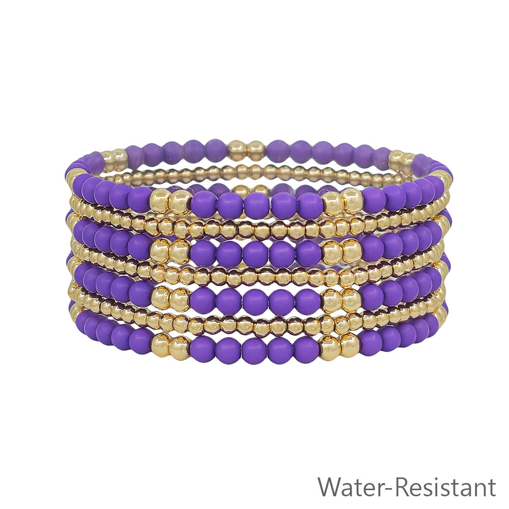 Purple and Gold Beaded Set of 7 Stretch Bracelets