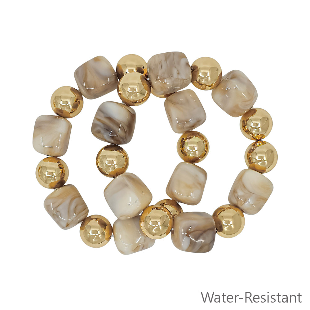 Water Resistant Set of 2 Gold and Natural 16mm and 14mm Stretch Bracelets