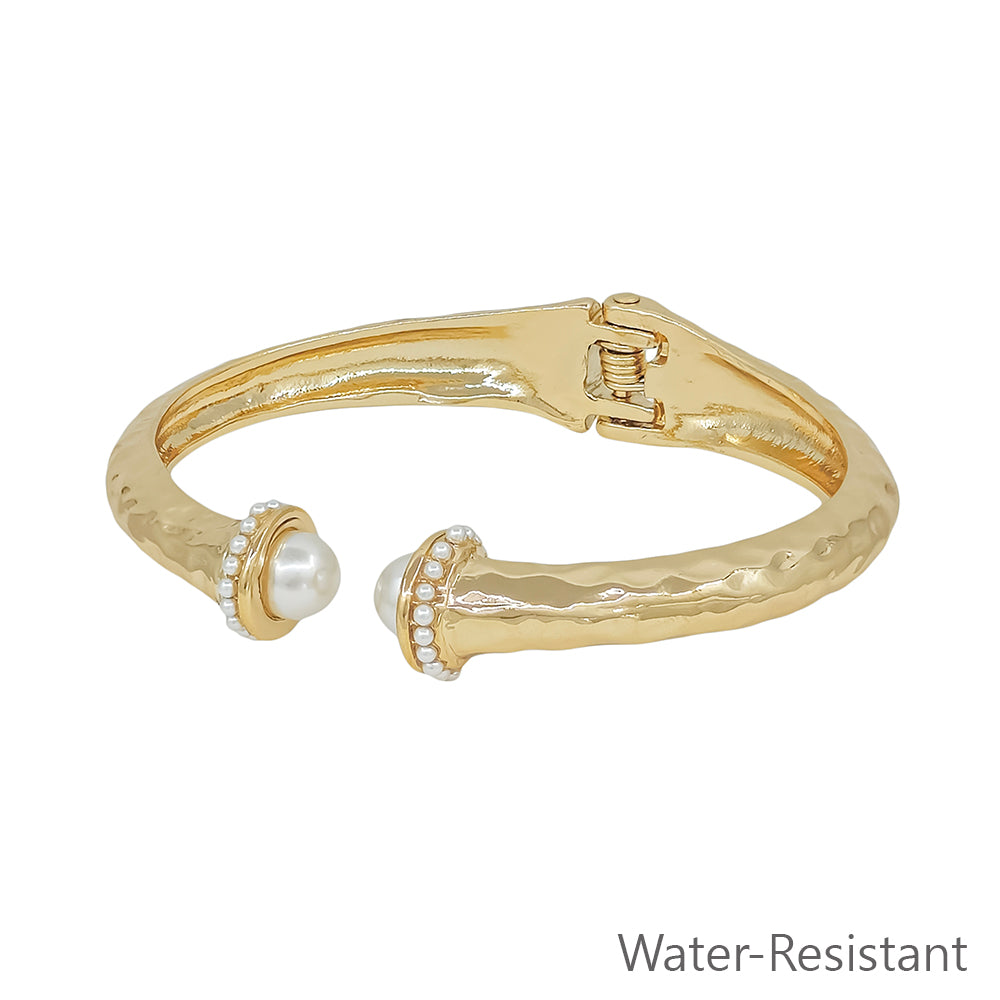 Water Resistant Matte Gold with Pearl Accents Hinged Bracelet