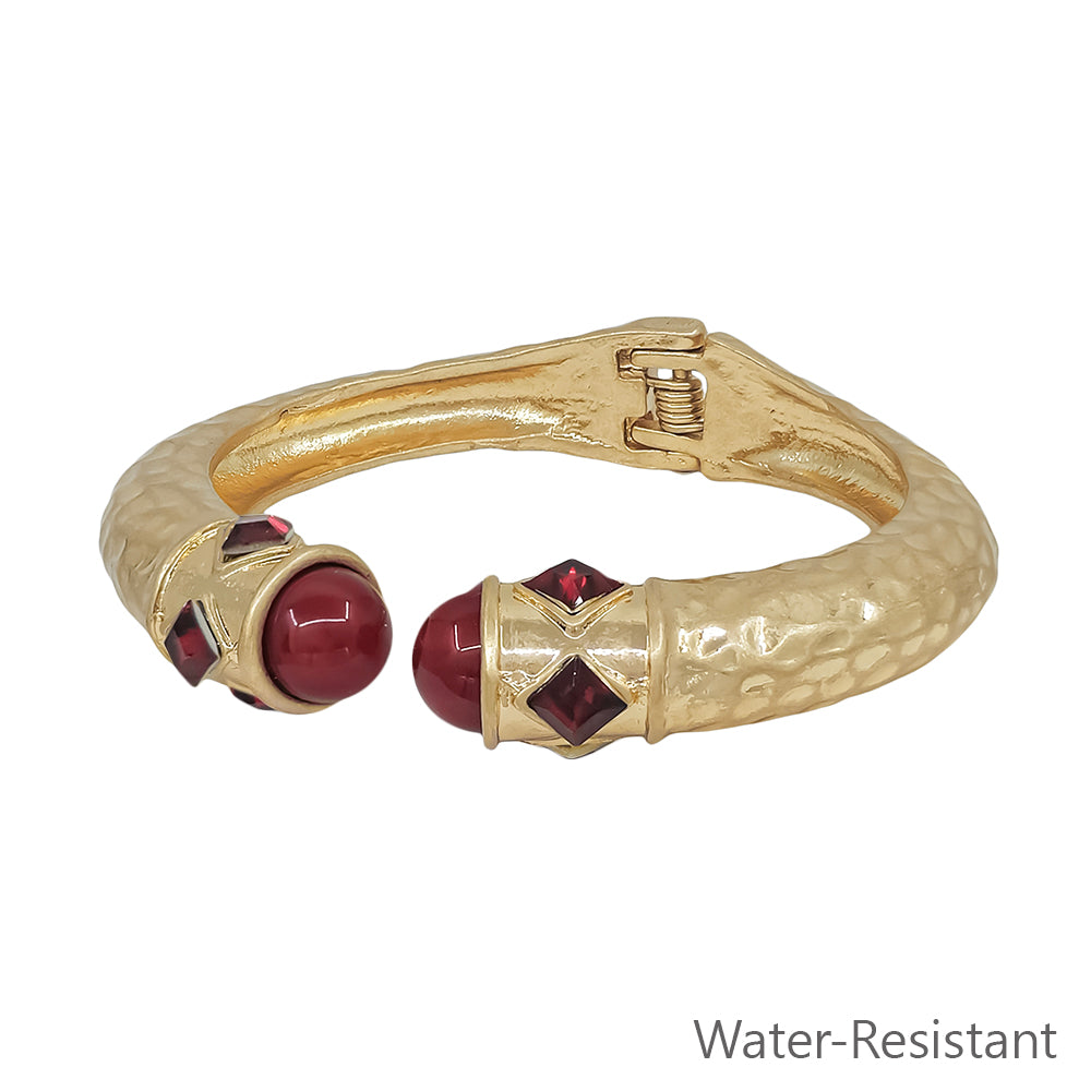 Water Resistant Matte Gold with Maroon Crystal Accents Hinged Bracelet