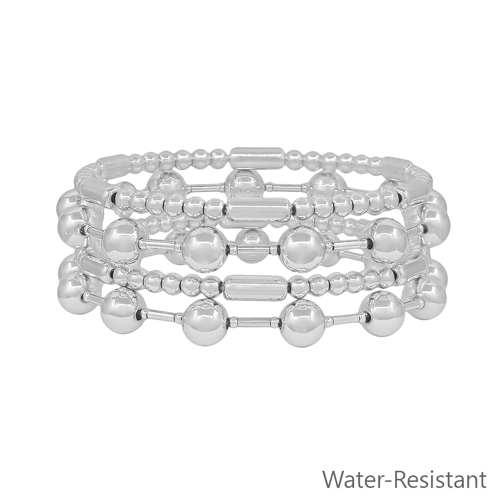 Water Resistant Set of 4 8MM Silver Beaded and Bar Stretch Bracelets