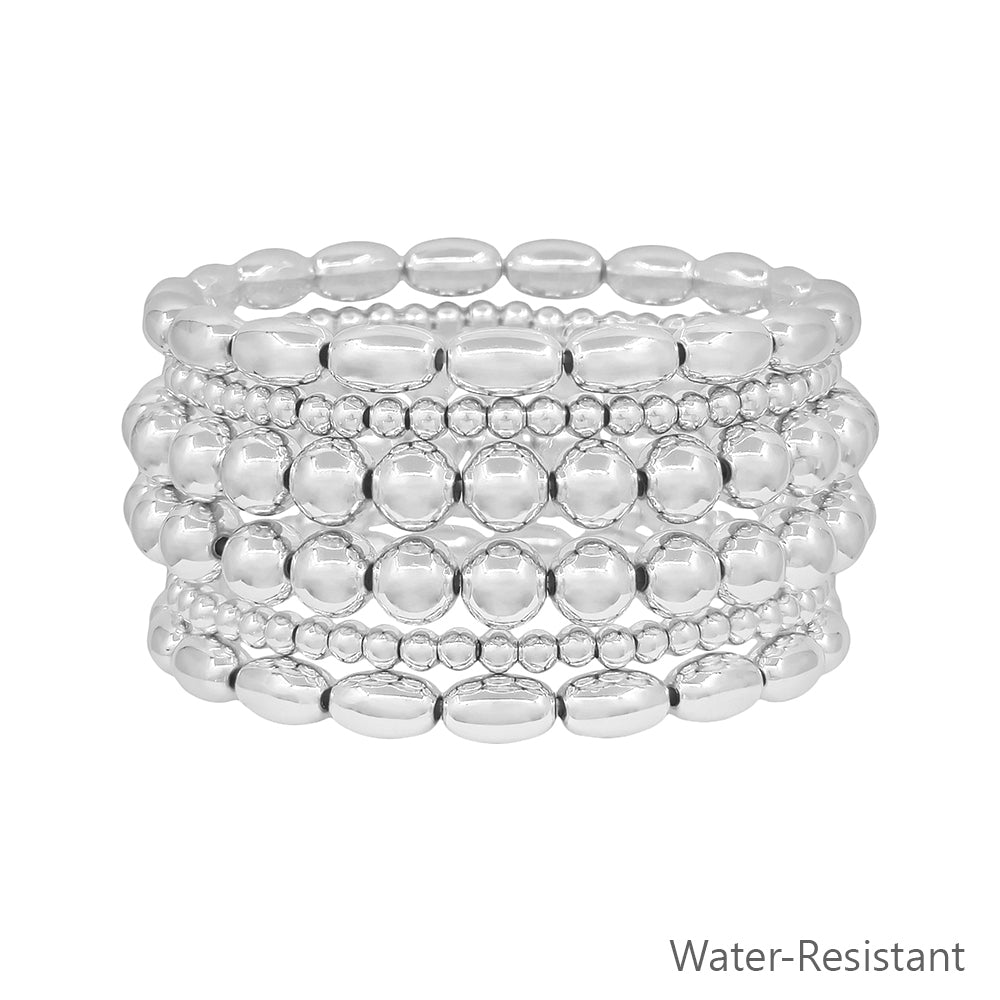 Water Resistant Set of 6 Silver Oval Beaded 4 and 8mm Stretch Bracelet