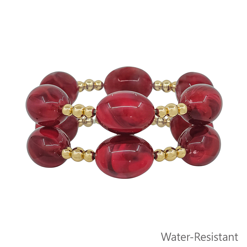 Water Resistant Acrylic Maroon Oval and Gold Beaded Set of 2 Stretch Bracelet