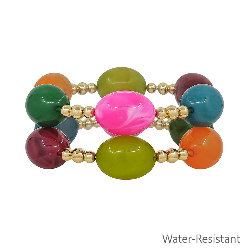 Water Resistant Acrylic Multi Oval and Gold Beaded Set of 2 Stretch Bracelet
