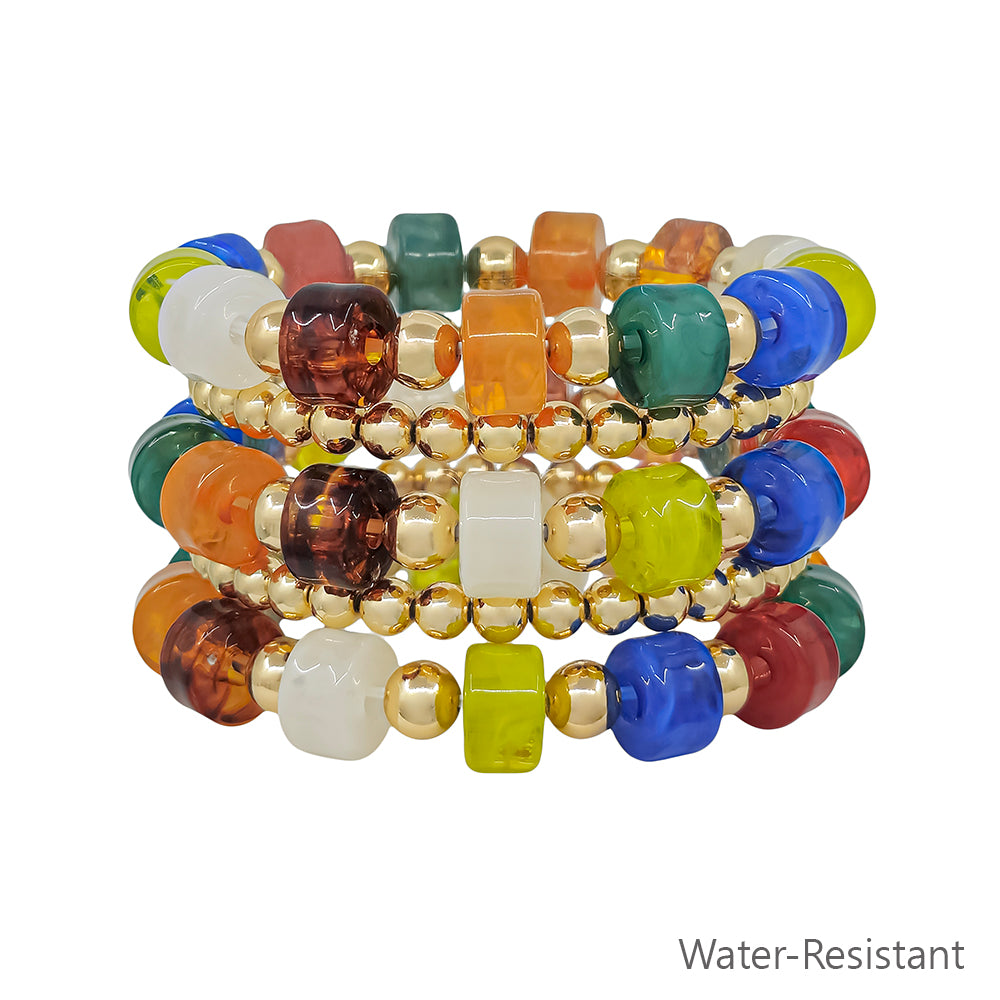 Water Resistant Multi and Gold Oval Chunky Beaded Set of 5 Stretch Bracelet