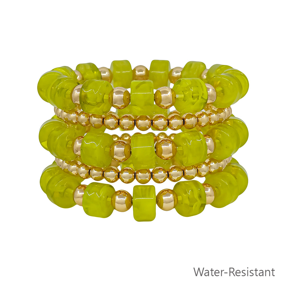 Water Resistant Olive and Gold Oval Chunky Beaded Set of 5 Stretch Bracelet
