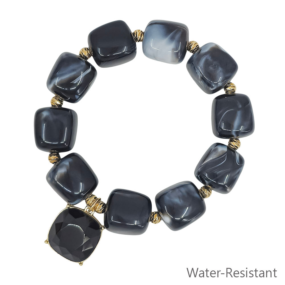Water Resistant 16MM Black Square Resin and 18MM Stone Bracelet