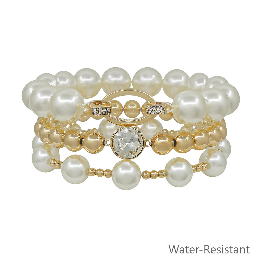 Water Resistant Set of 3 Oval Pave and 12MM Pearl Stretch Bracelets