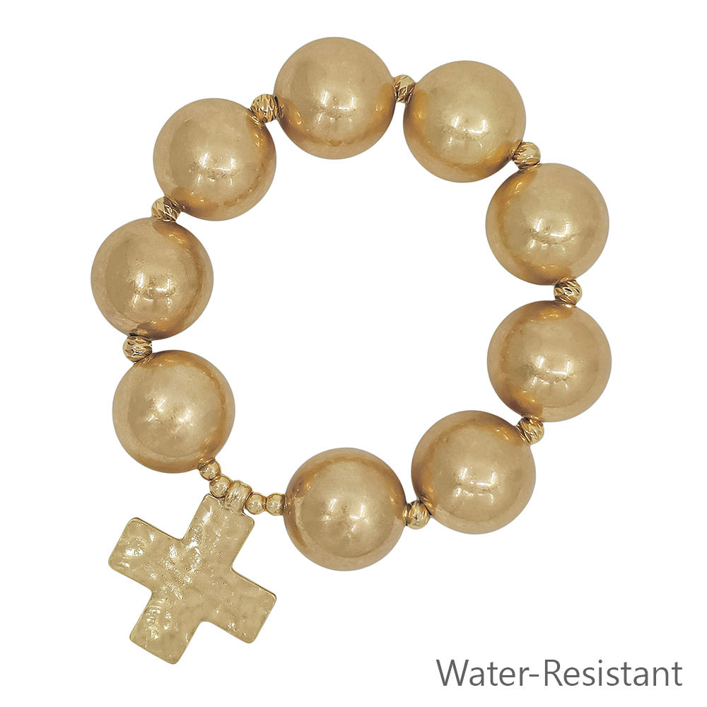 Water Resistant 20MM Gold Beaded and Cross Stretch Bracelet Set