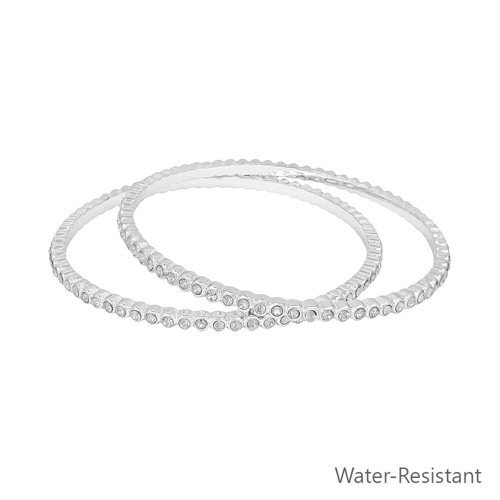 Water Resistant Set of 3MM Clear Pave and Silver Metal Bangle Bracelet