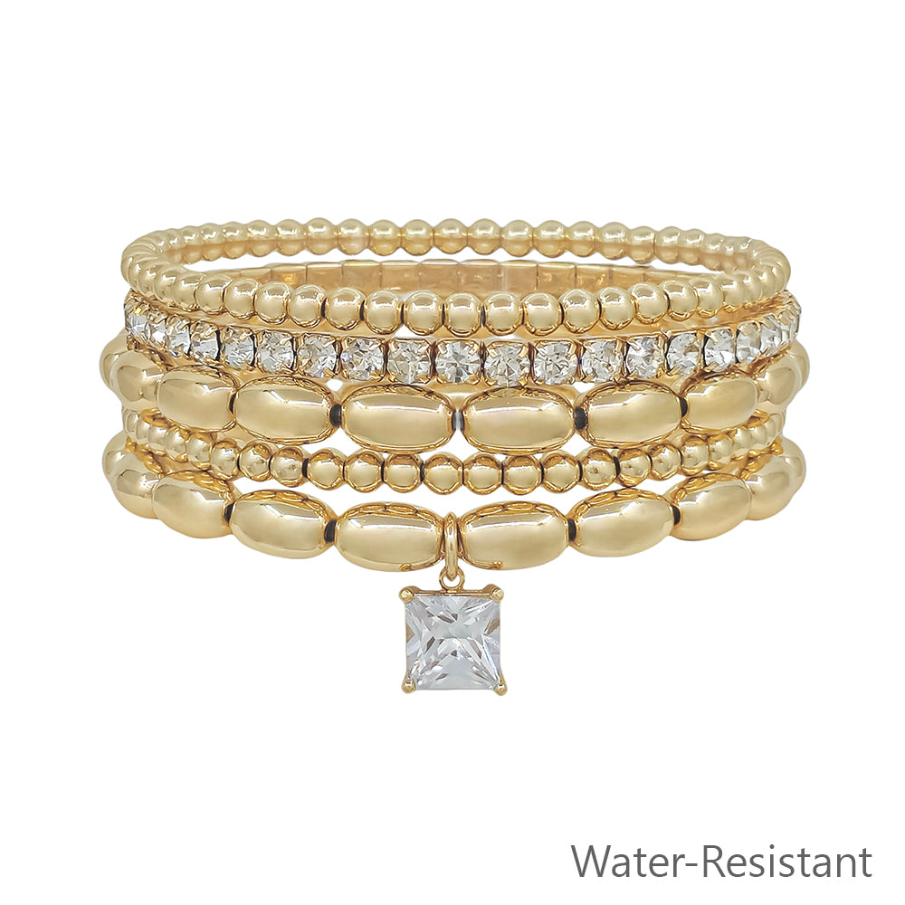 Water Resistant Gold Beaded with Square Rhinestone Drop Set of 4 Stretch Bracelet
