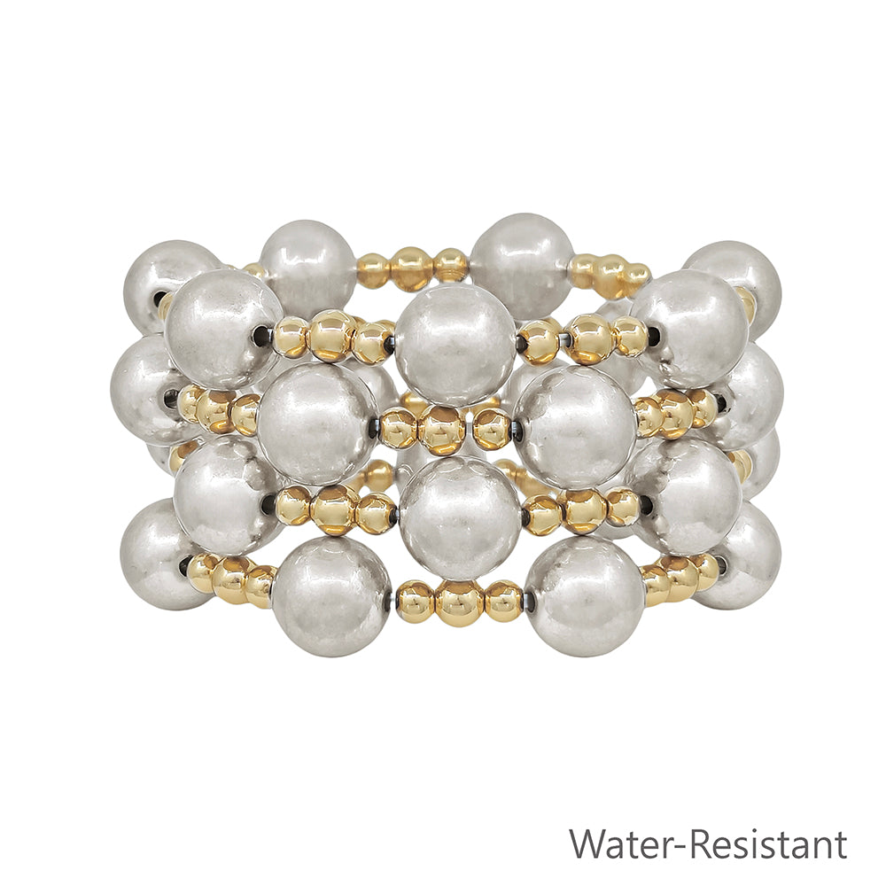 Water Resistant 12MM Silver and Gold Ball Beaded Set of 4 Stretch Bracelet