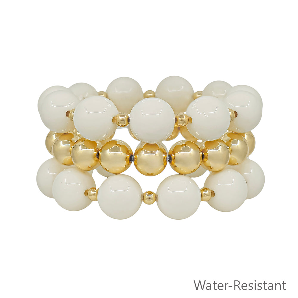Water Resistant 14MM White and Gold Ball Beaded Stretch Bracelets