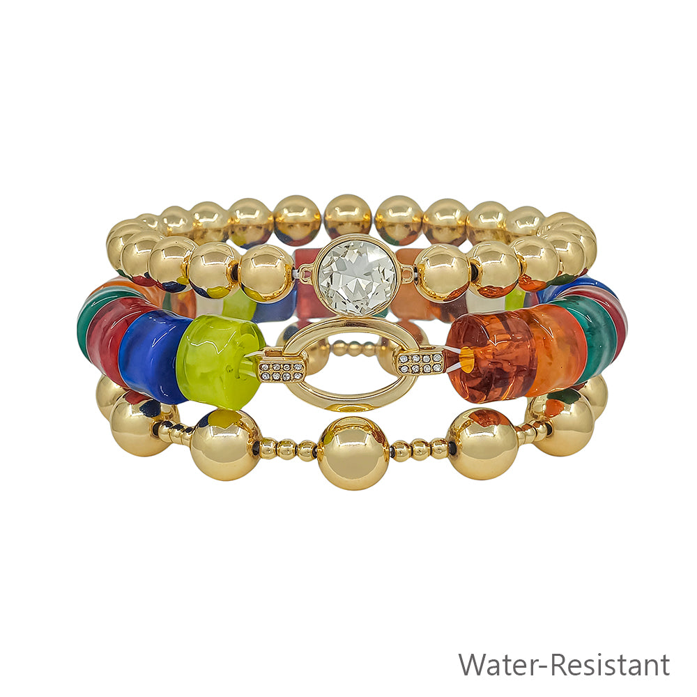 Water Resistant Set of 3 Multi Beaded and Gold Stretch Bracelets