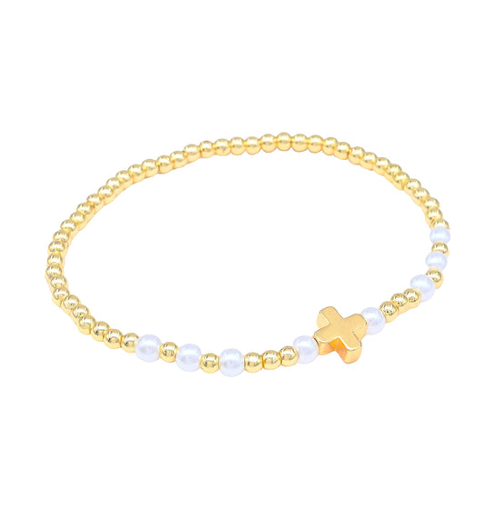 Stainless Steel Gold 3mm Beaded and Pearl with Cross Stretch Bracelet