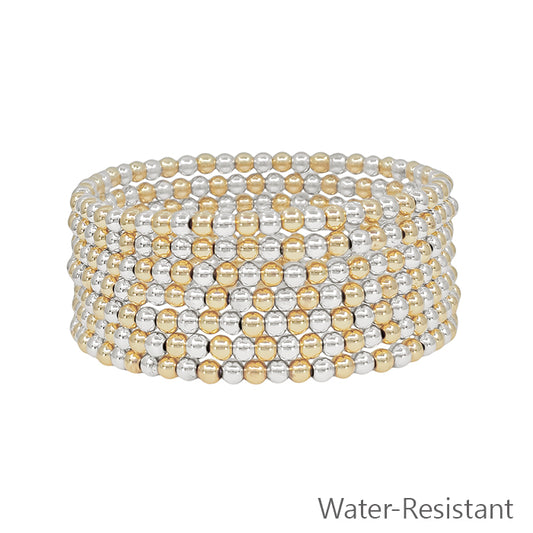 Water Resistant Set of 7 Gold and Silver Beaded Stretch Bracelets