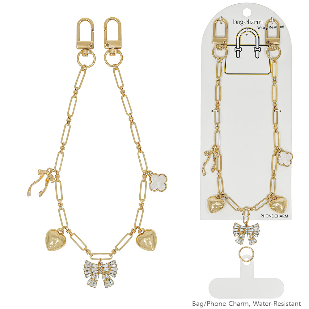 Pearl and Gold Clip on Bag Charm with Puffy Heart, Bow, Clover and Crystal Bow