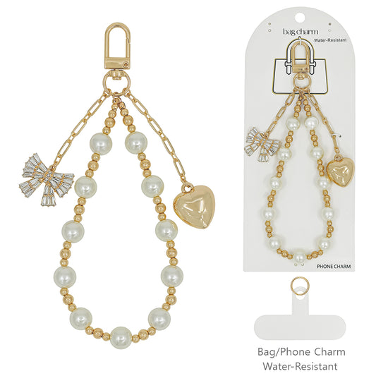 Pearl and Gold Clip on Bag Charm with Puffy Heart and Crystal Bow