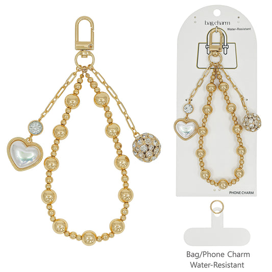 Gold Beaded Chain with Pearl Heart and Rhinestone Ball Bag Charm
