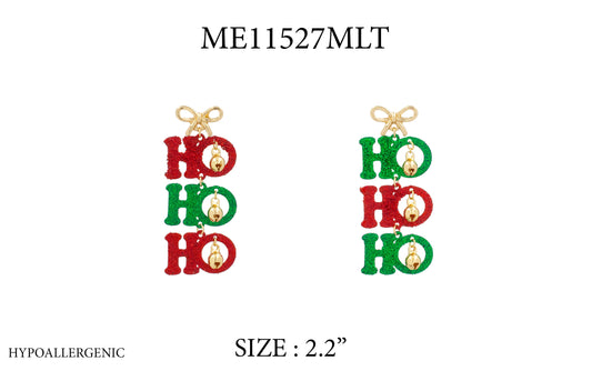 Christmas HO HO HO Green and Red 2.25" Glitter Earrings