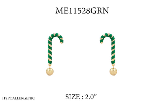 Christmas Candy Cane with Green Wrapping 2" Earrings