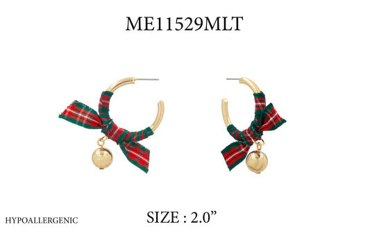 Christmas Gold Hoop with Red and Green Ribbon 2" Earrings