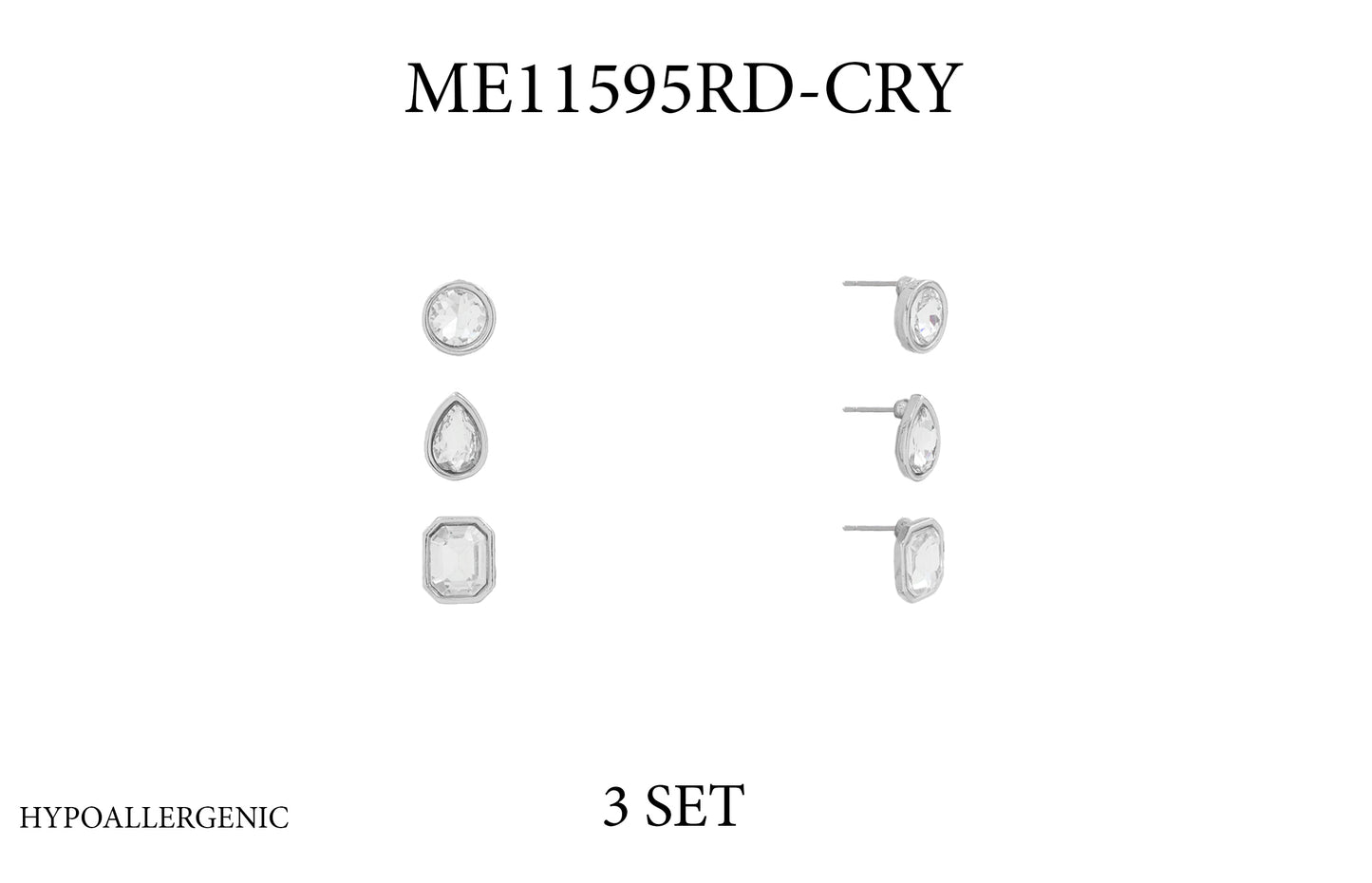 Hypo Allergenic Set of 3 Silver Circle, Teardrop, and Rectangle Stud Crystal Earrings