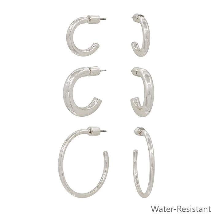 Silver Water Resistant Set of 3 Silver with .5" .5", .75" Hoop Earrings