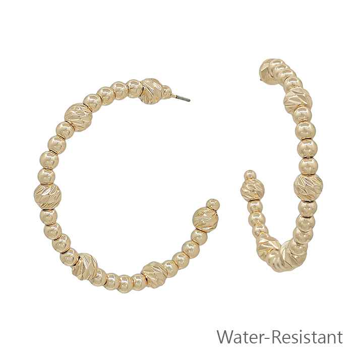Water Resistant Gold Beaded with Textured Bead 2" Hoop Earring