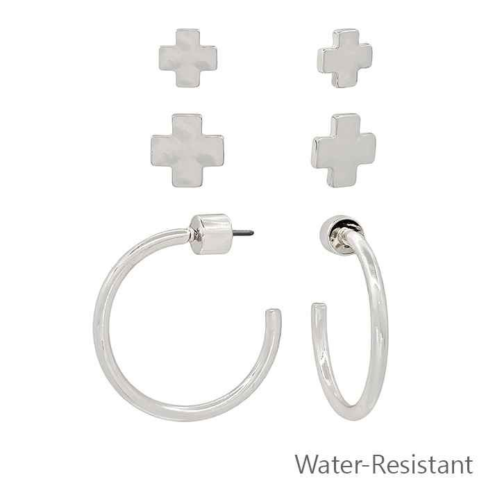 Water Resistant Set of 3 Silver Cross and Hoop Earrings