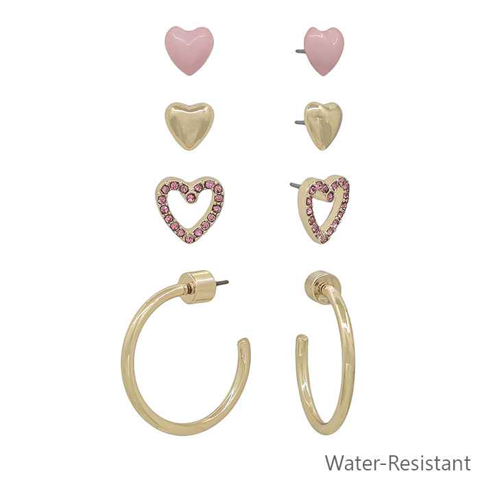 Water Resistant Set of 4 Pink and Gold Heart Stud and .5" Hoop Earrings