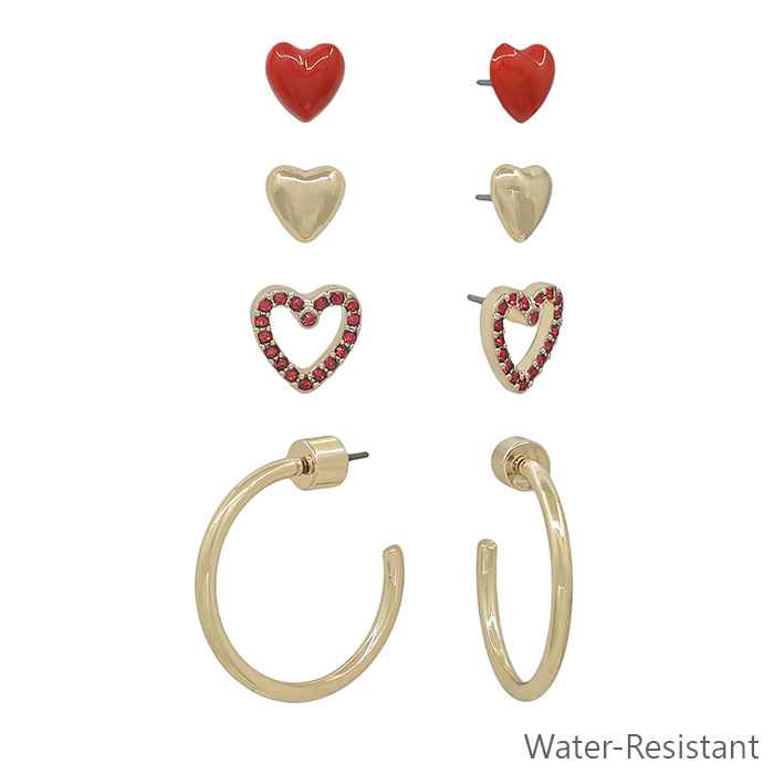 Water Resistant Set of 4 Red and Gold Heart Stud and .5" Hoop Earrings