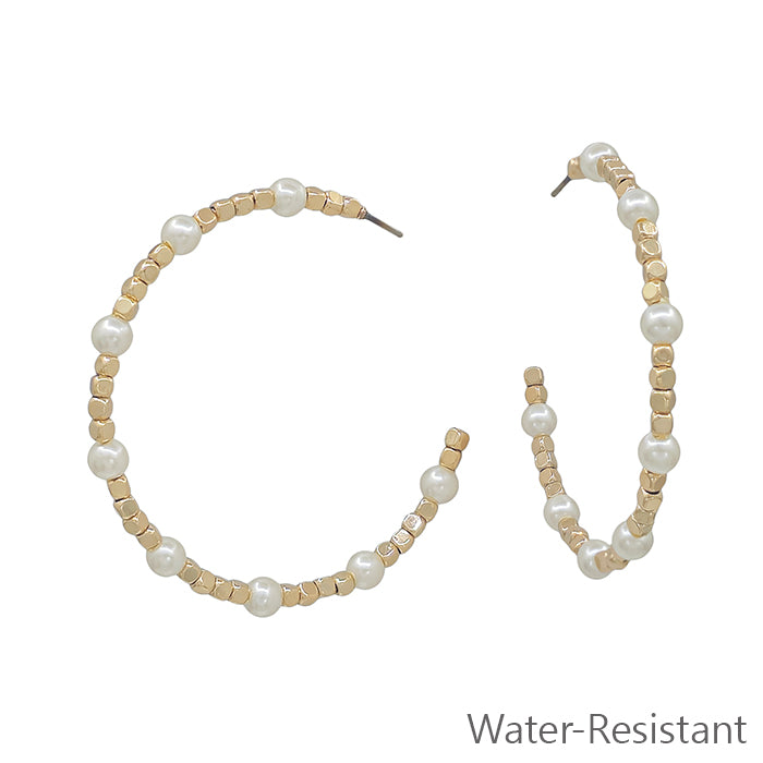 Water Resistant Gold Square Beaded and Pearl 2" Hoop Earring