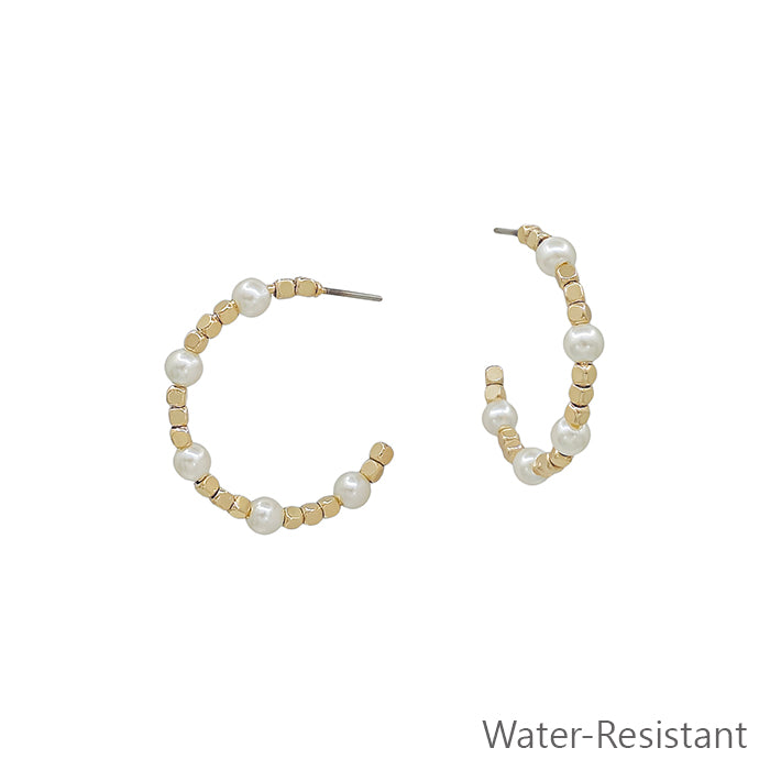 Water Resistant Gold Square Beaded with Pearl 1" Hoop Earring