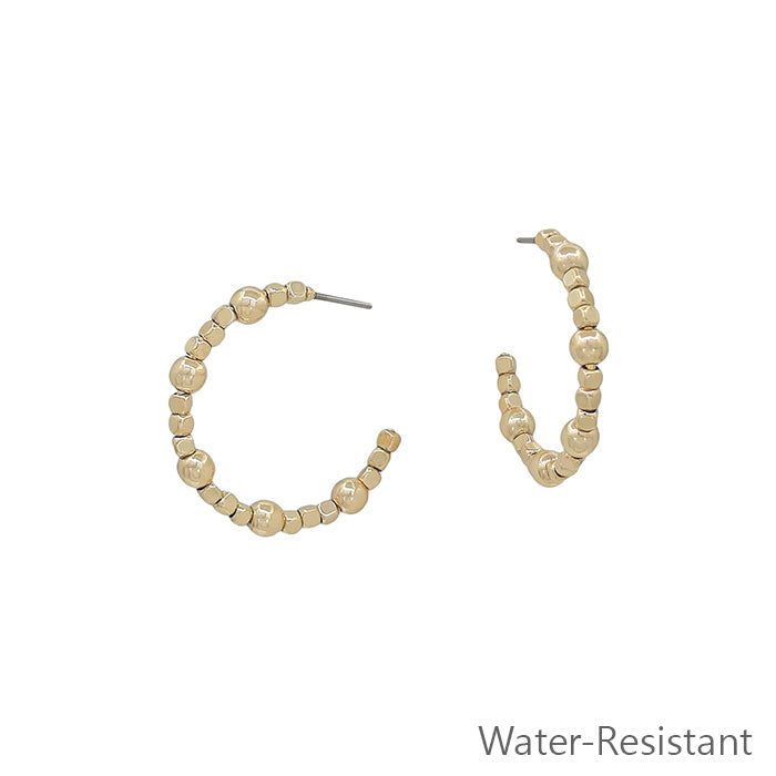 Water Resistant Gold Square Beaded with Gold Bead 1" Hoop Earring