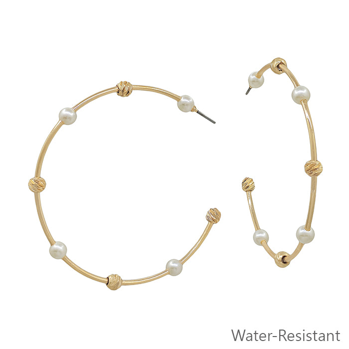 Water Resistant Gold Bar with Pearl and Gold Ball 2" Hoop Earring