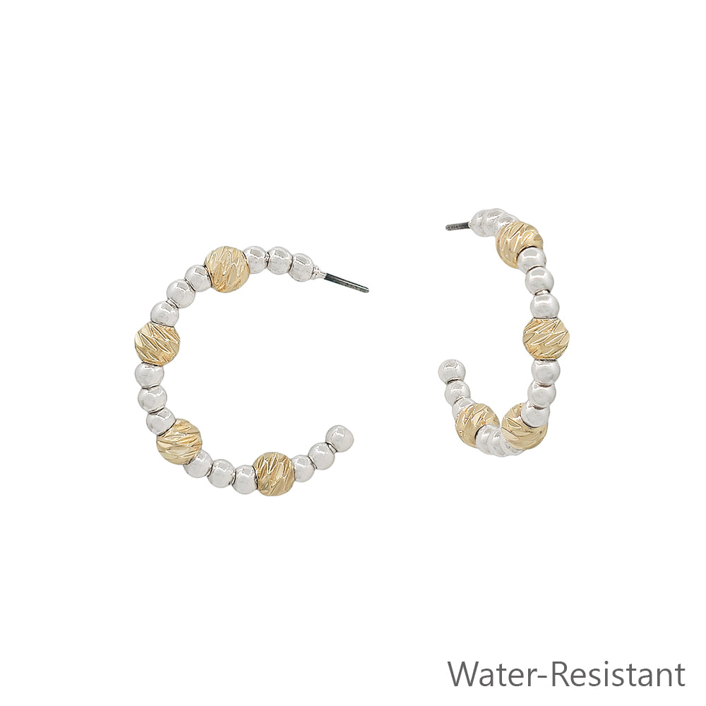 Water Resistant Silver Beaded with Gold Textured Accent 1" Hoop Earring